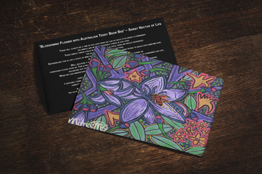 'Blossoming Flower with Australian Teddy Bear Bee' Aboriginal Art A6 Story PostCard Single by Mirree